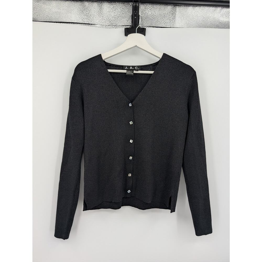 J.A.C. Silk Metallic Black Cardigan Mother Pearl Button Small Career Office